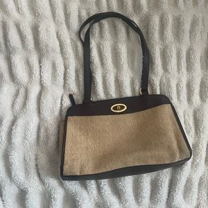 Vintage Etienne Aigner Brown Leather & Beige Straw Triple compartment purse